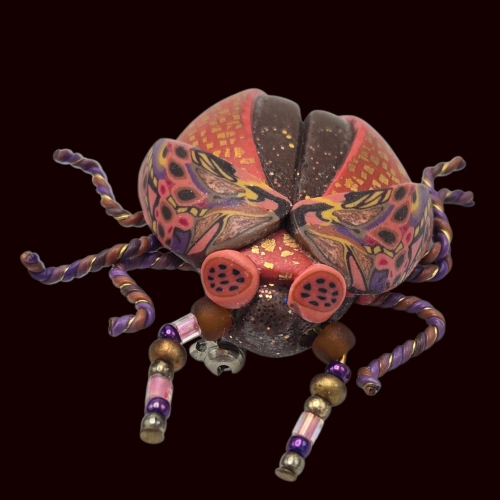 Vintage Beaded Beetle Bug Brooch Polymer Clay Hand Crafted Metallic Glass Bead